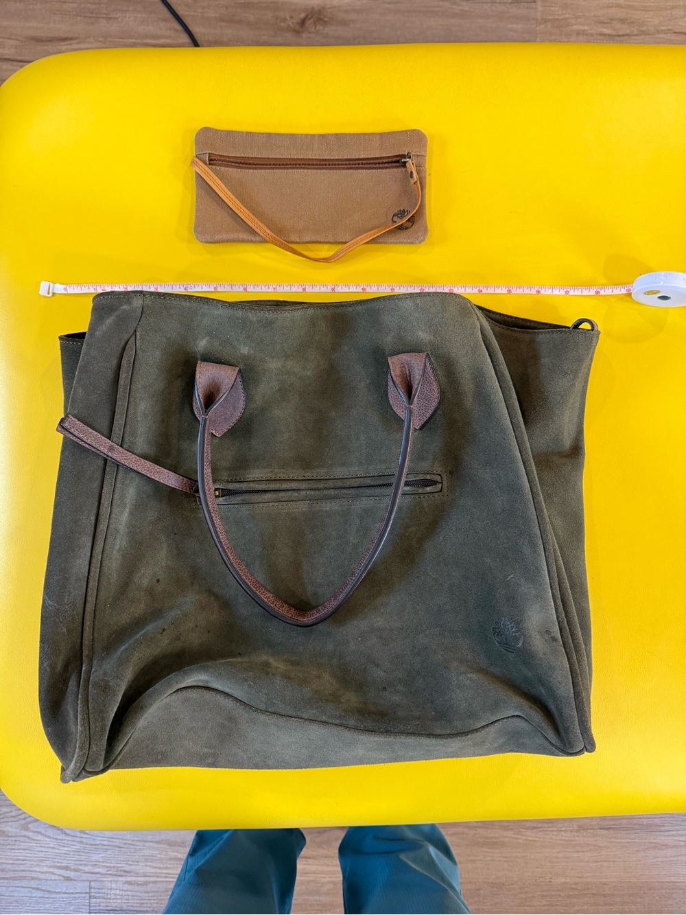 Timberland Olive Green Suede Tote with Brown Leather Handles